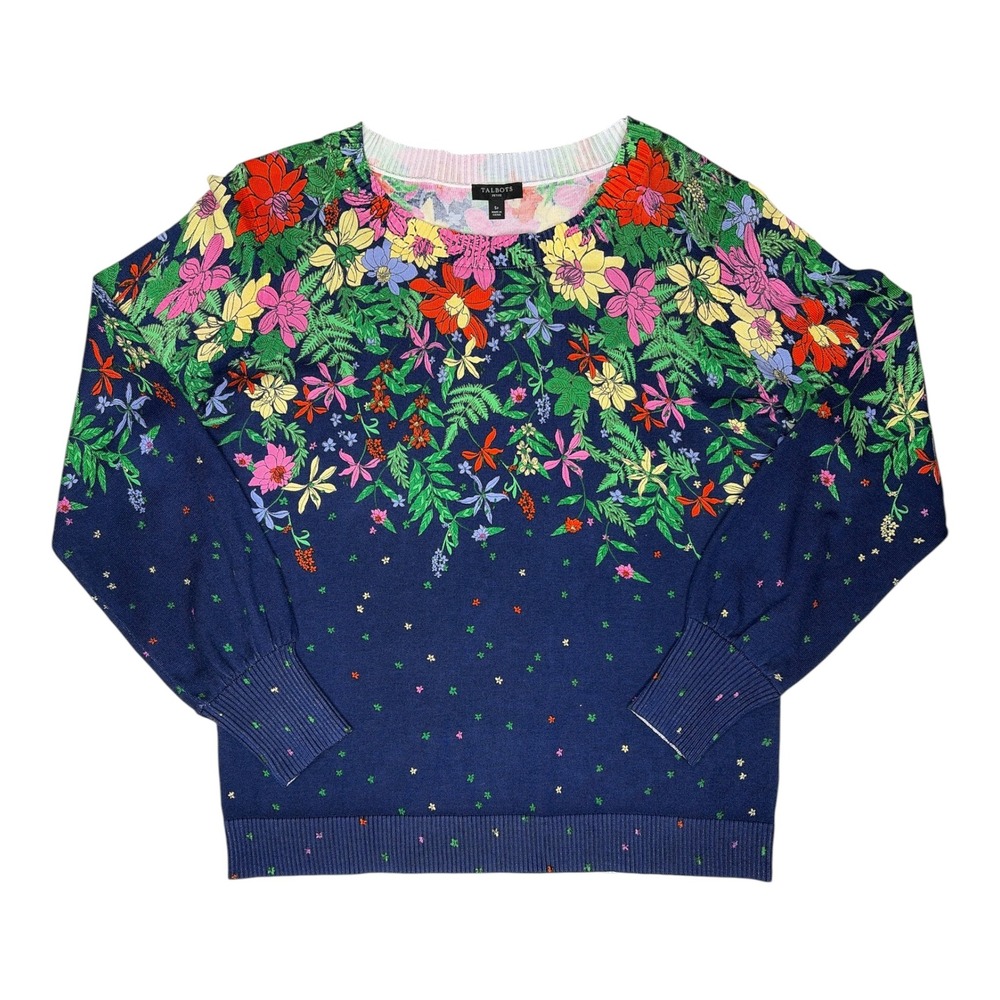 Talbots Petite Navy Blue Floral Botanical Knit Sweater SP Cotton Rayon Blend